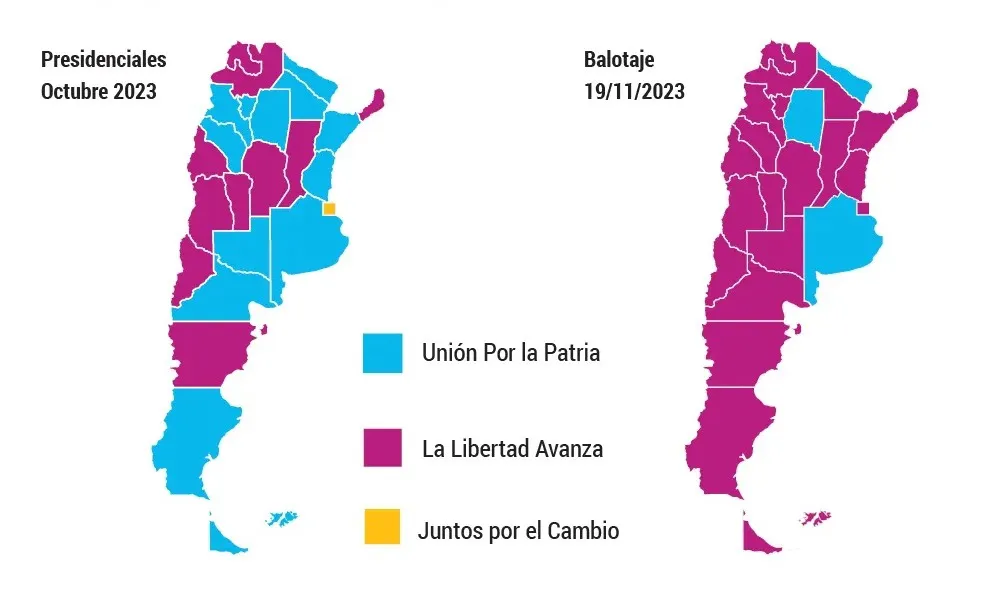 Milei se impuso en 21 de los 24 distritos y le arrebató diez a Unión por la Patria