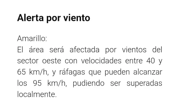 Alerta por vientos