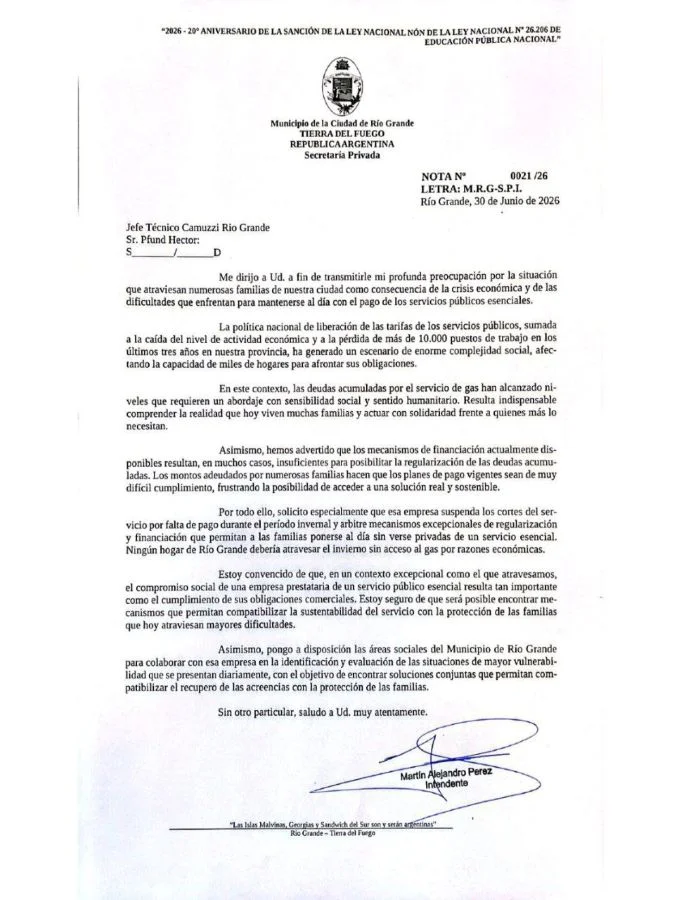 Nota de Martín Perez a Camuzzi Gas del Sur